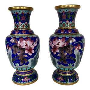 Pair of Mid-Century Cloisonné Bud Vases, Cobalt Blue With Bird and Blossom Motif