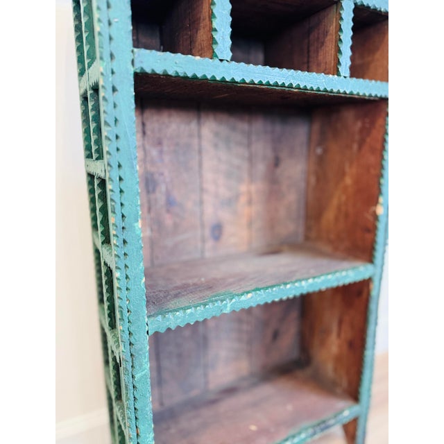 Antique Tramp Art Green Painted Pyramid Carved Étagère Display Cabinet For Sale - Image 10 of 16
