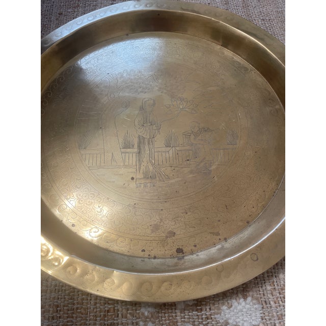 Vintage Chinese Etched Brass Tray 17” For Sale - Image 4 of 11