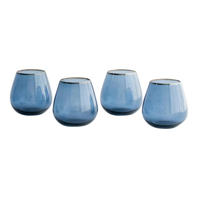 Siren Beverageware Atlantic Blue + Gold Short Stemless - Set of 4 For Sale