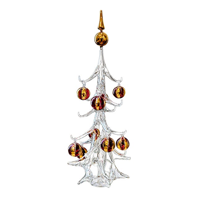 Vintage 20" Italian Hand-Blown Soffieria Parise Vetro Glass Christmas Tree With Red & Gold Ornaments For Sale