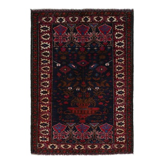 Rug & Kilim’s Baluch Tribal Rug in Navy Blue and Red With Brown Floral Pictorial For Sale