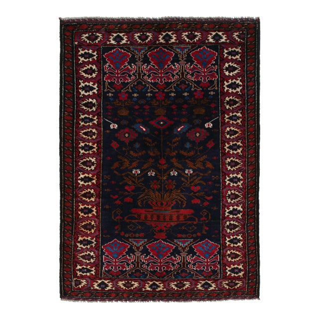Rug & Kilim’s Baluch Tribal Rug in Navy Blue and Red With Brown Floral Pictorial For Sale