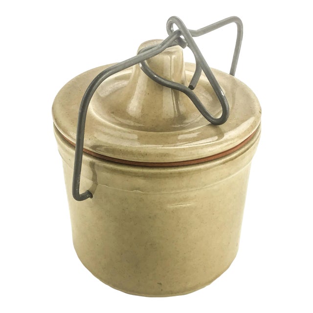 Vintage Pottery Butter Container With Galvanized Closure For Sale