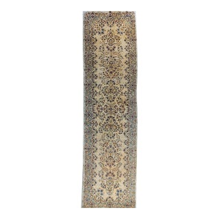 Vintage Persian Kerman Runner Rug, Hand-Knotted Wool, Allover Floral Pattern, Ivory & Blue,3x12 For Sale
