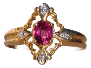 Dos Calle: Oval Ruby and Filigree Ring with Natural Diamonds in Yellow Gold