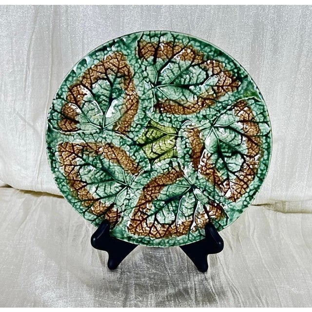 Late 19th Century Antique 1879 Griffen Smith Hill Begonia Majolica Plates – Etruscan Pottery Pair For Sale - Image 5 of 9