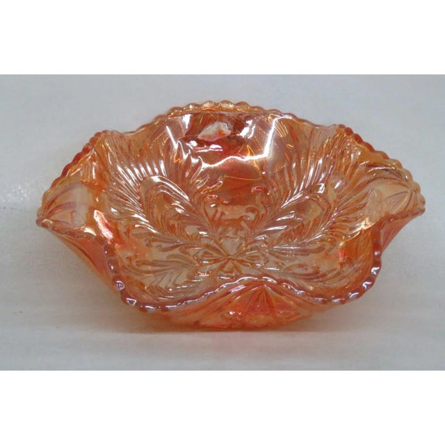 Brockwitz Marigold Carnival Glass Curved Star and Headdress Ruffled Bowl For Sale - Image 4 of 13