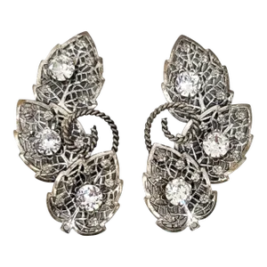 Vintage 1950s Signed Napier Silvertone & Clear Rhinestone Leaves Clip Earrings - 2 Pieces