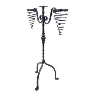 Hand Forged Iron Candelabra 26.5″ (67cm) Sculptural Spiral Single Candle Stand Antique Finish For Sale