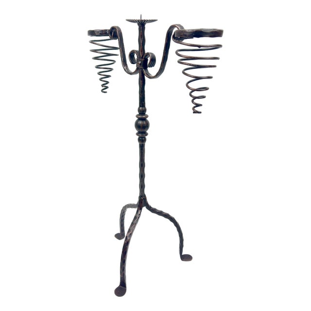 Hand Forged Iron Candelabra 26.5″ (67cm) Sculptural Spiral Single Candle Stand Antique Finish For Sale