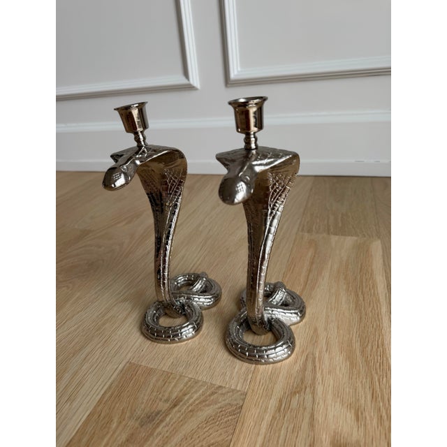 1930s Egyptian Revival Bronze Candlesticks/Taper Candle Holders, Newly Nickel Plated – Exquisitely Detailed Sculptural Pair For Sale - Image 10 of 11