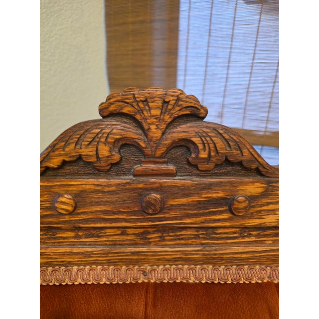Sienna Antique Late Victorian Quarter Sawn Oak Platform Rocker – Tufted Rust Velvet Accent Rocking Chair For Sale - Image 8 of 10