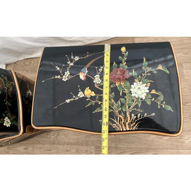 Black Vintage Set of Two Chinese Nightstands Side Tables Chinoiserie Hand Painted For Sale - Image 8 of 10