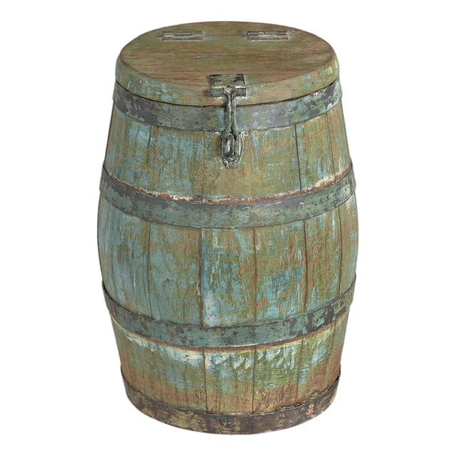 Vintage Indian Painted Barrel With Lid Added For Sale