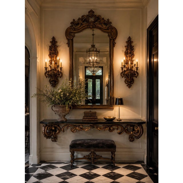 A dramatic, wall-mounted console table in the French/Italian Baroque taste, featuring a richly carved giltwood base with...