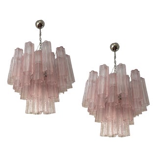 Pink Murano Chandeliers with Tronchi Glass Tubes, Set of 2 For Sale