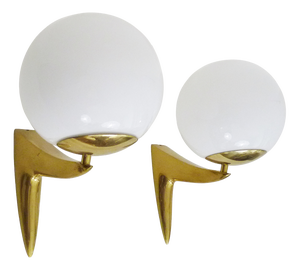 Vintage Wall Lights in Brass and Opaline Glass, 1980s, Set of 2