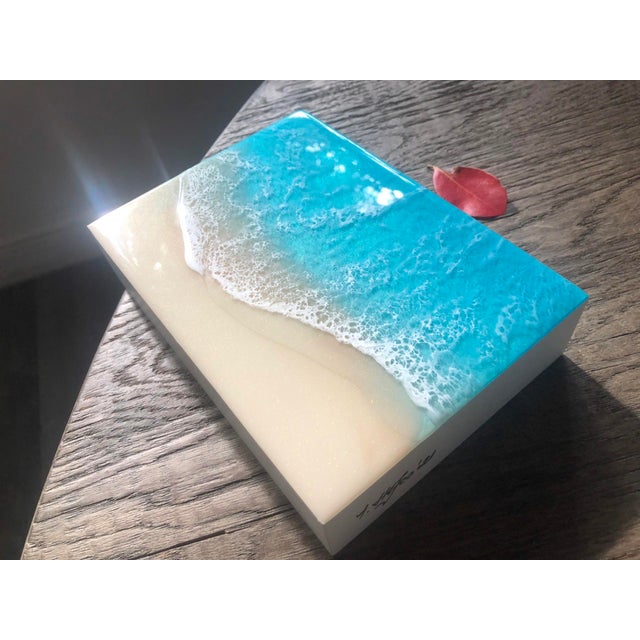 White Sand Beach #27 by Ana Hefco | Layered resin on wood panel Aerial view of a beach with turquoise water. For Sale - Image 4 of 4