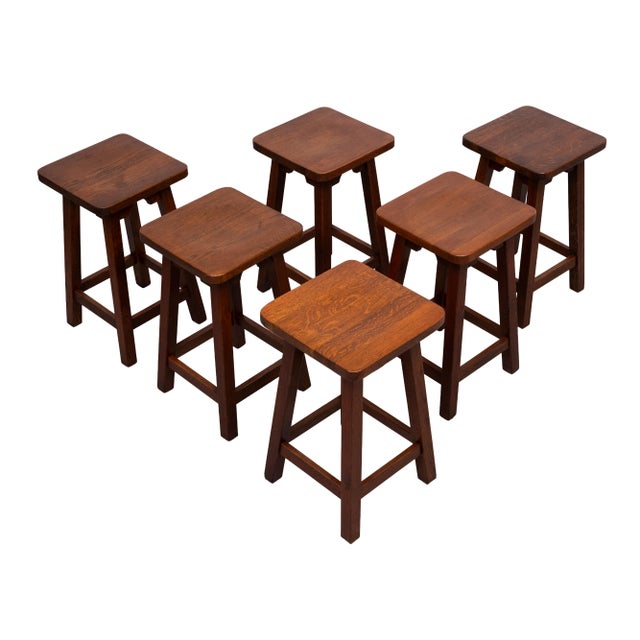 Wood Brutalist Oak Stools, Holland, 1970s, Set of 6 For Sale - Image 7 of 9