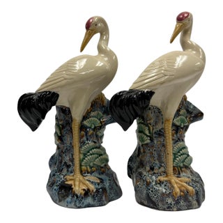 Early 20th Century Chinese Export Majolica Style Crane Spill Vases - A Pair For Sale