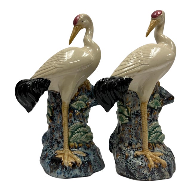 Early 20th Century Chinese Export Majolica Style Crane Spill Vases - A Pair For Sale