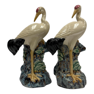 Early 20th Century Chinese Export Majolica Style Crane Spill Vases - A Pair