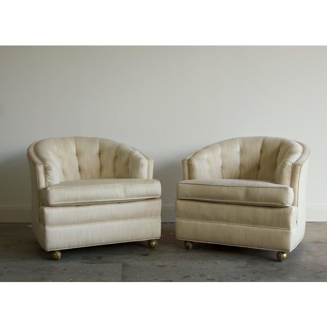 Mid-Century Modern Pair, Rolling Cream Tufted Barrel Back Club Chairs on Brass Casters, 1970's For Sale - Image 3 of 8