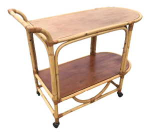 Restored Vintage Two-Tier Rattan and Mahogany Tombstone Bar Cart