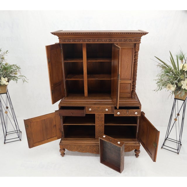 Solid Carved Teak Antique Two Part Cupboard Cabinet with Unique Feature For Sale - Image 6 of 11