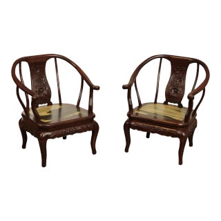 Chinese Marble & Hardwood Horseshoe Chairs - A Pair For Sale