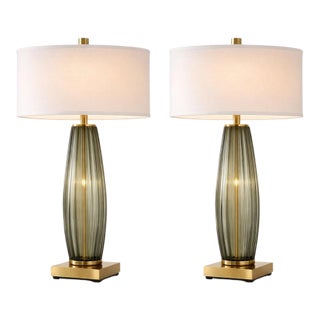 Late 20th Century Extra-Tall Ribbed Smoky Glass & Solid Brass Table Lamps – 31” Designer Scale - a Pair For Sale