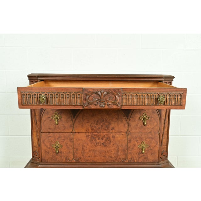 Wood Berkey & Gay Style Antique Victorian Carved Walnut and Burl Wood Chest of Drawers | Circa 1930s For Sale - Image 7 of 15