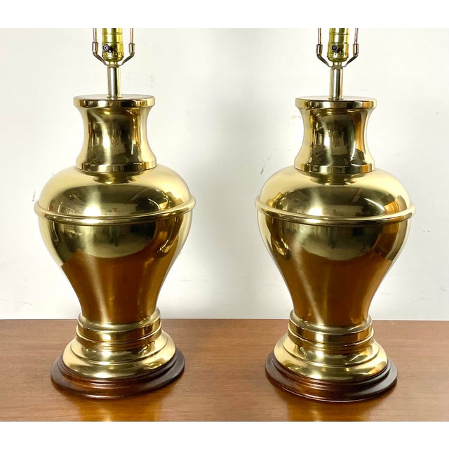 Mid Century Large Brass Urn Table Lamps With Wood Bases Chairish