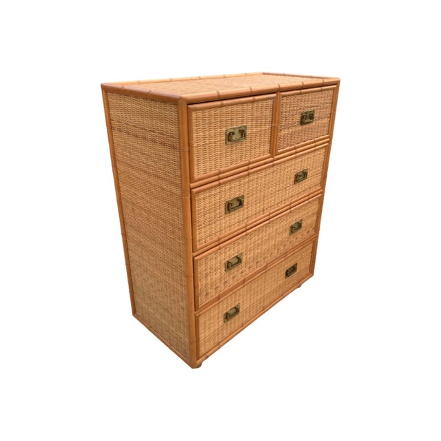 Late 20th Century Late 20th Century Faux Bamboo and Wicker Chest 5 Drawers For Sale - Image 5 of 7