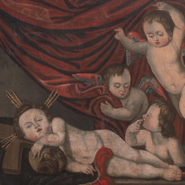 'Cherubs Playing', 18th Century Italian School, Angels, Amorini, Memento Mori, Naive, Baroque Religious Oil For Sale - Image 9 of 11