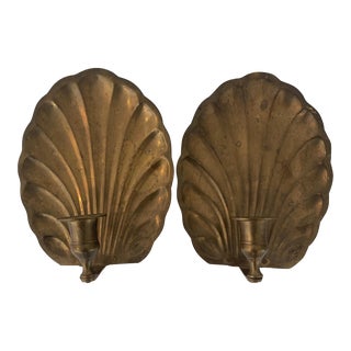 Vintage Brass Shell Wall Candle Sconces - a Pair For Sale