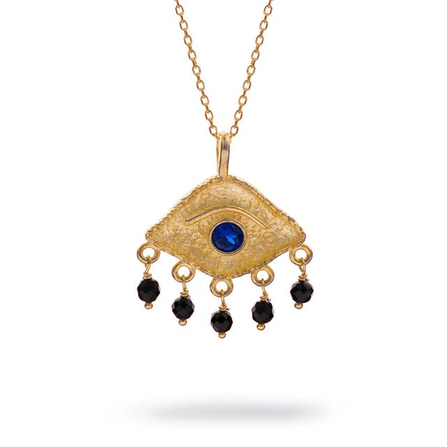 Contemporary Sapphire Eye Horizon Onyx Gold Necklace For Sale - Image 3 of 9