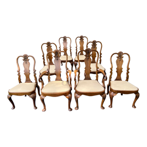 Set of 8 Vintage Queen Anne Dining Chairs With Carved Cabriolet Legs and Splats