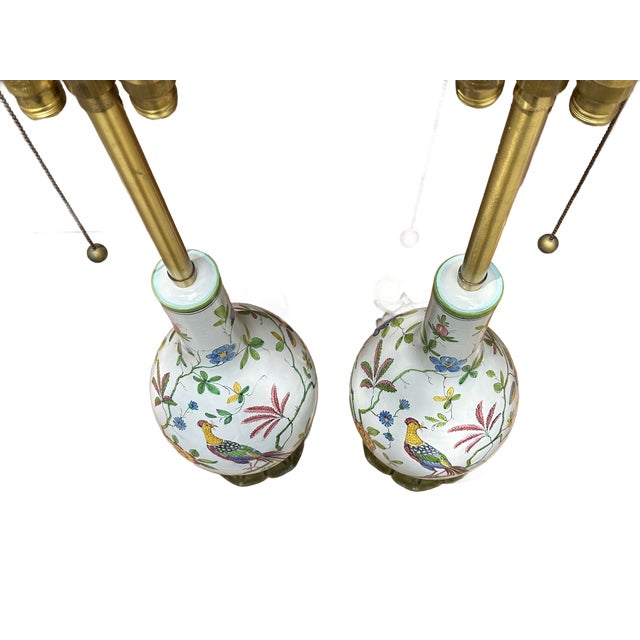 1970's Monumental Marbro Italian Majolica Pheasant & Tree of LIfe Lamps - A Pair For Sale - Image 13 of 14