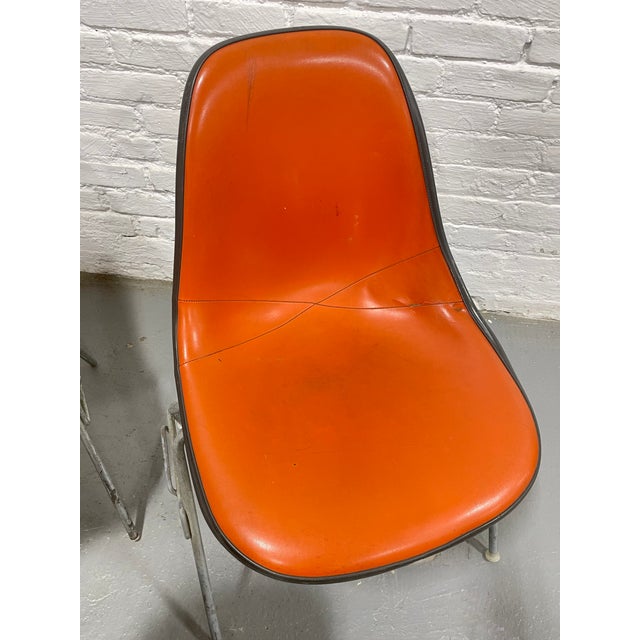Orange Set of 4 Mid Century Modern Charles & Ray Eames Herman Miller Padded Shell Chairs, Early 1950's Stacking Bases For Sale - Image 8 of 15