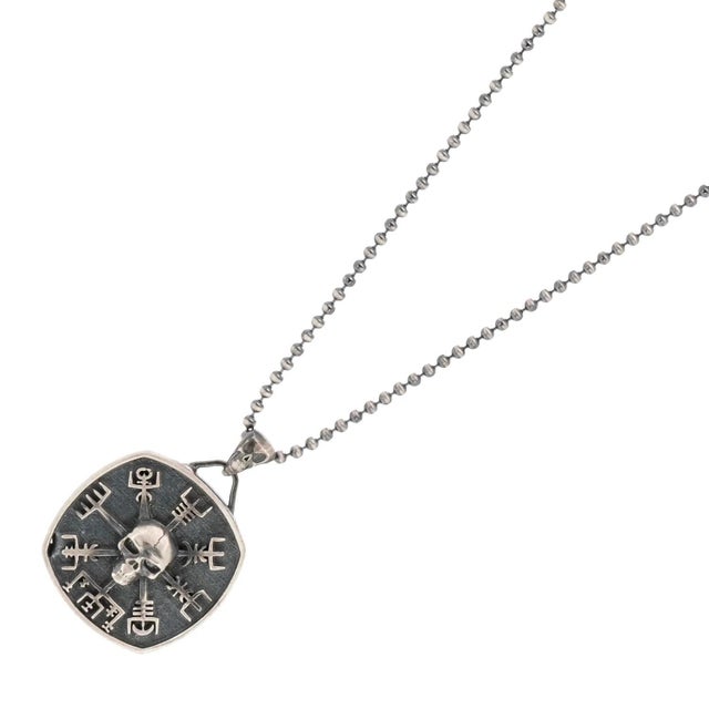 Norse Viking Vegvisir Protection Symbols & Skull Pendant Sterling Silver Necklace For Sale - Image 10 of 12