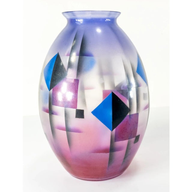 We are selling this stunning looking airbrushed Czech Art Deco style art glass vase with simple geometric pattern....
