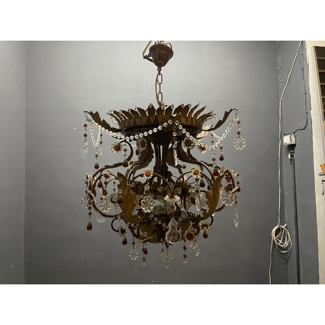 Metal Italian Tole and Murano Glass Chandelier, 1960s For Sale - Image 7 of 15