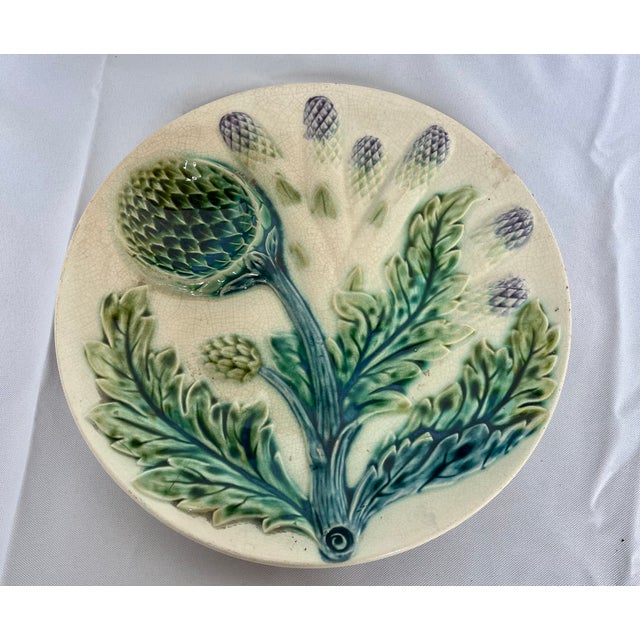 Antique Late 1800s Luneville Barbotine Majolica Asparagus and Artichoke Plate For Sale - Image 12 of 13