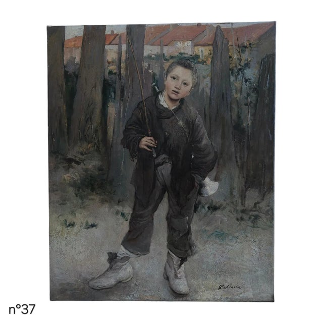 Oil on canvas depicting a young boy standing in a rustic outdoor setting, holding a fishing rod beside a wooden fence. The...