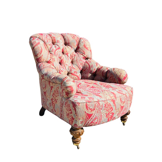 Wood Late 20th C Baker Furniture Tufted Club Armchairs, George Smith Style Paisley Upholstery, Brass Casters – Pair For Sale - Image 7 of 18