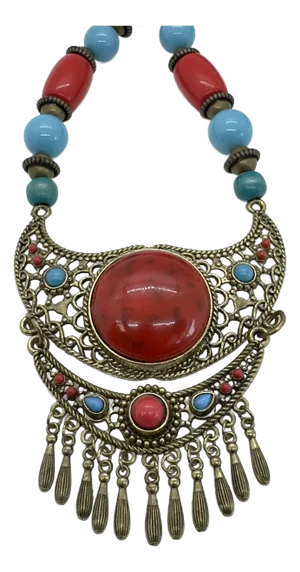 Large Tribal Berber Moroccan Necklace With Red, Lea Ad Brown Stones