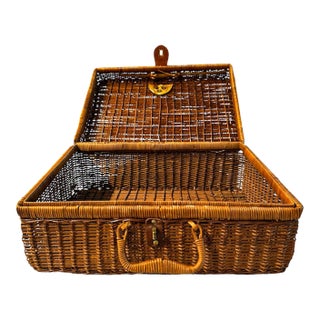 Vintage Handwoven Wicker Suitcase Picnic Basket Hamper With Leather Strap and Brass Turn Lock Closure For Sale