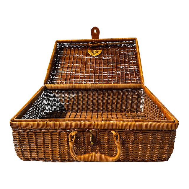 Vintage Handwoven Wicker Suitcase Picnic Basket Hamper With Leather Strap and Brass Turn Lock Closure For Sale